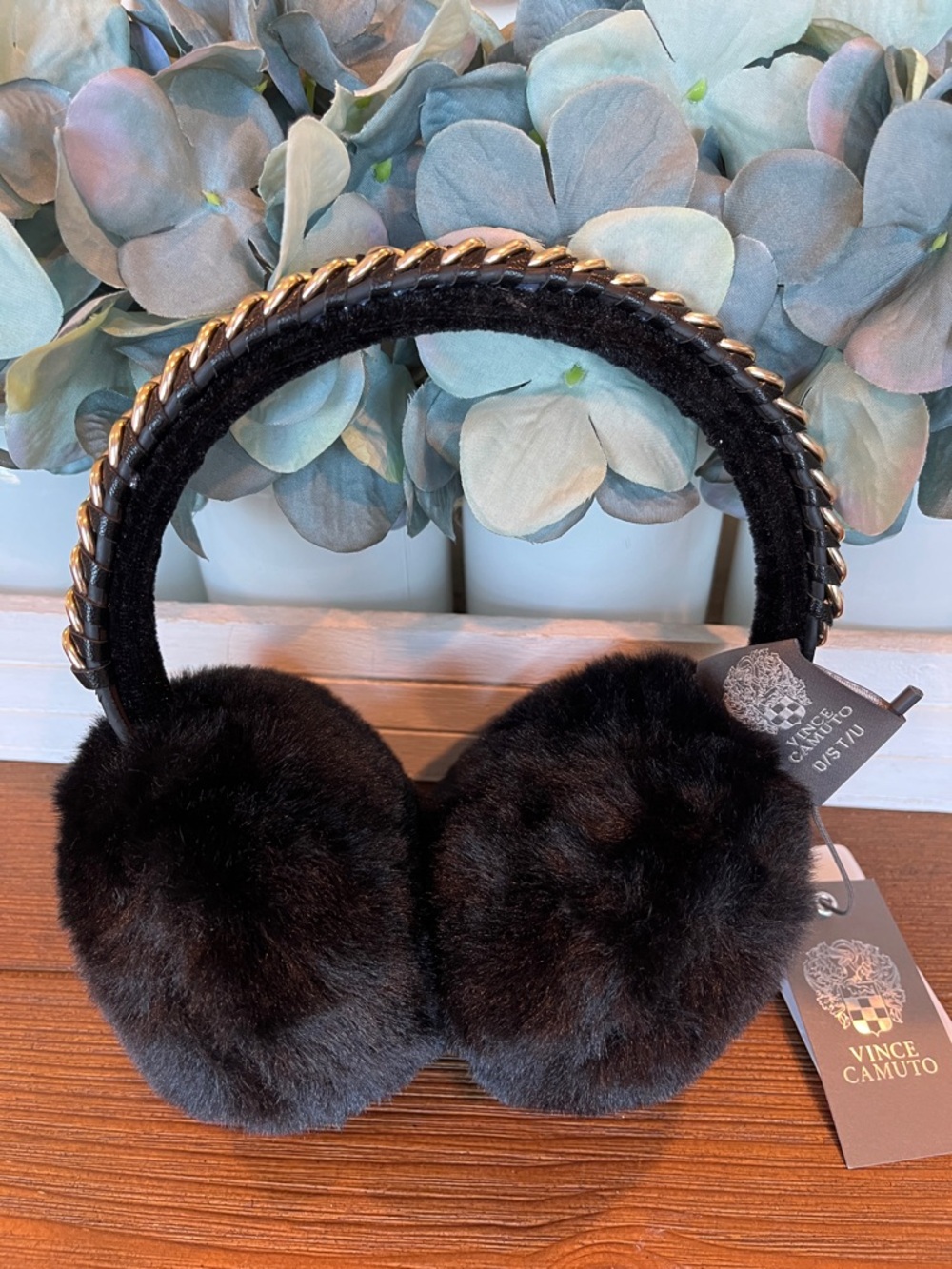 NWT Vince Camuto Black Faux Fur Earmuffs with Gold Chain Trim